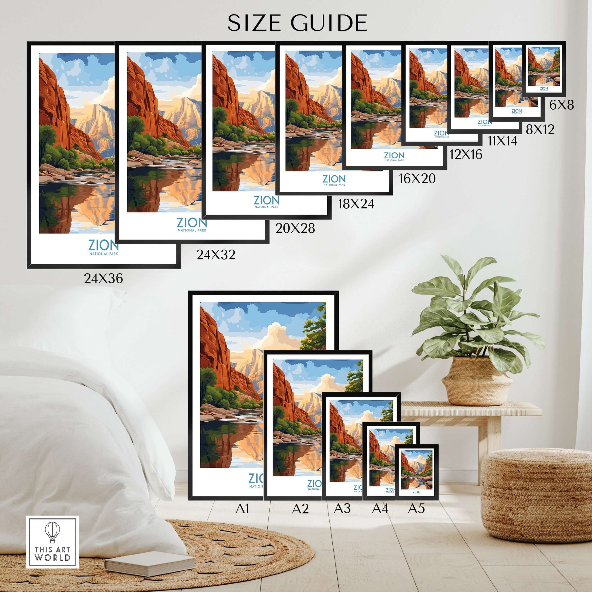 Zion National Park Poster | Canyon Walls Print size guide with various frame sizes displayed on a wall.