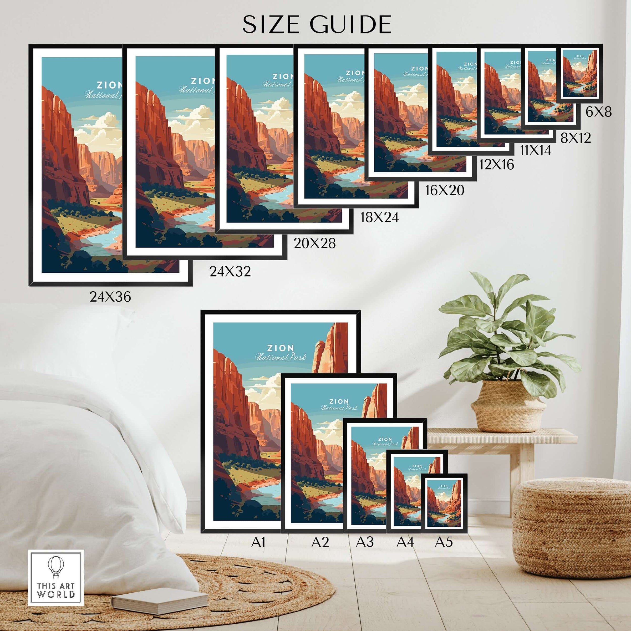 Zion NP Print | Southwest Home Wall Decor Size Guide with various frame sizes and iconic red rock formations.