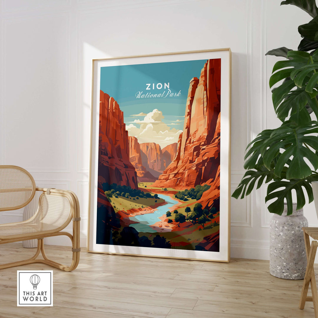 Zion NP Print | Southwest Home Wall Decor showcasing vibrant red rock formations and landscapes in a framed art display.