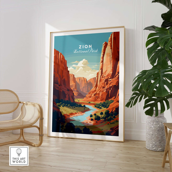 Zion NP Print | Southwest Home Wall Decor showcasing vibrant red rock formations and landscapes in a framed art display.