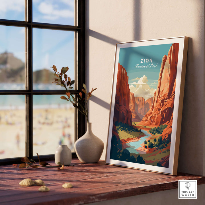 Zion NP Print | Southwest Home Wall Decor showcasing red rock formations and dramatic landscapes in a home setting.
