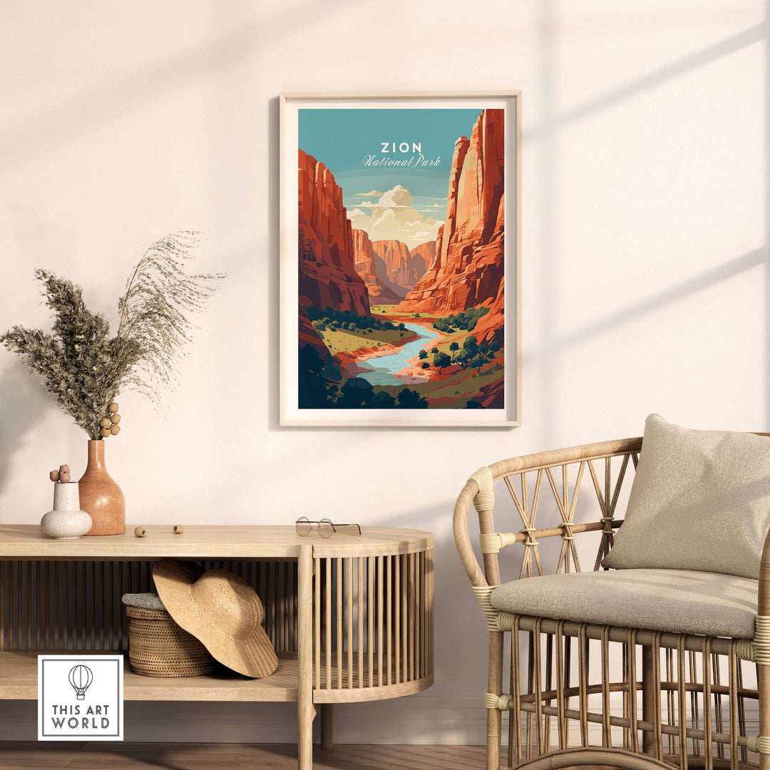 Zion NP Print | Southwest Home Wall Decor showcasing vibrant red rock formations and serene landscapes.