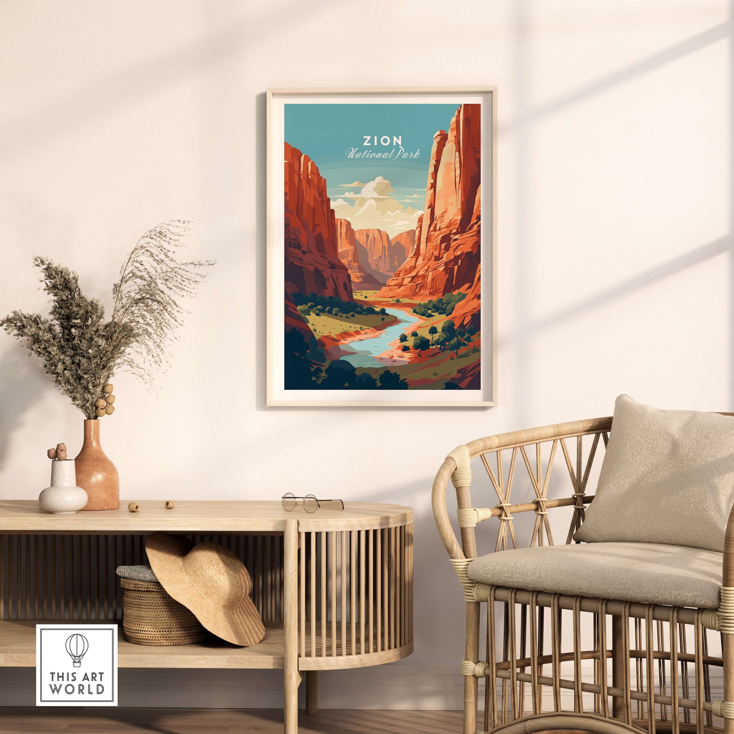 Zion NP Print | Southwest Home Wall Decor featuring stunning red rock formations in a stylish interior setting.