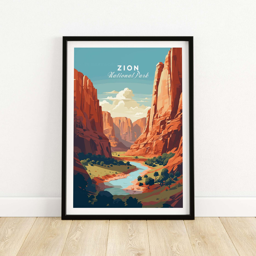 Zion NP Print | Southwest Home Wall Decor showcasing vibrant red rock formations and a winding river.