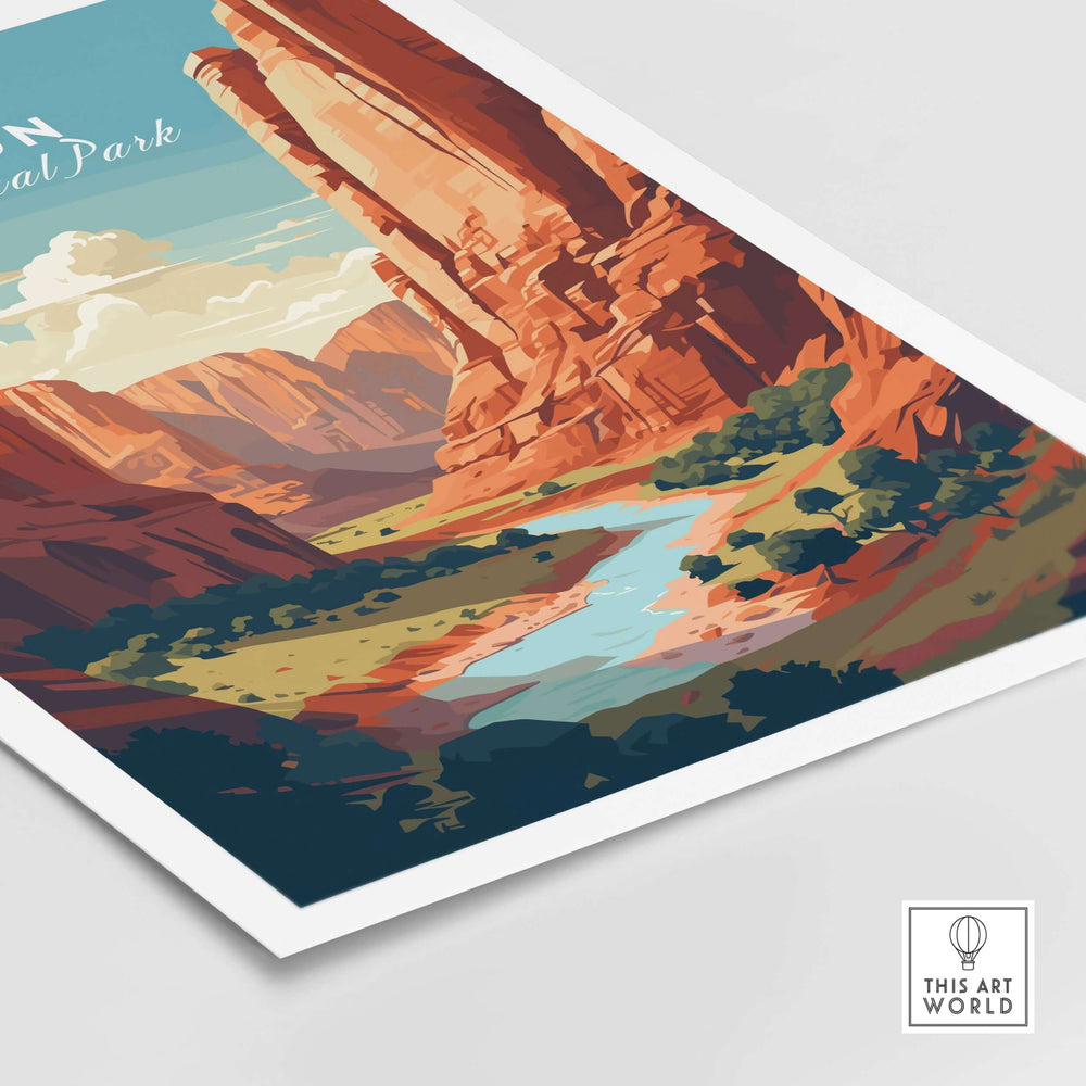 Zion NP Print | Southwest Home Wall Decor featuring iconic red rock formations and a serene river landscape.