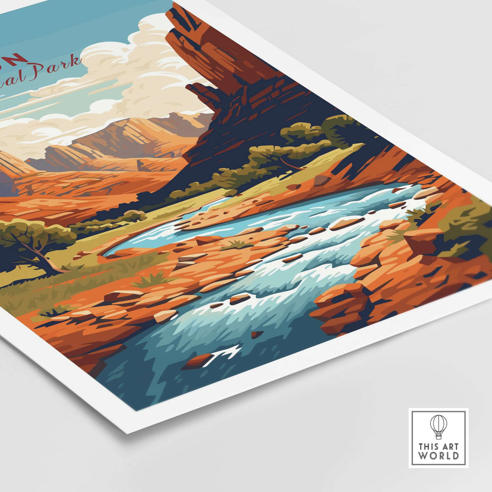 Zion NP Majestic Red Rock Cliffs Print | Utah National Park Wall Art showcasing vibrant cliffs and river.