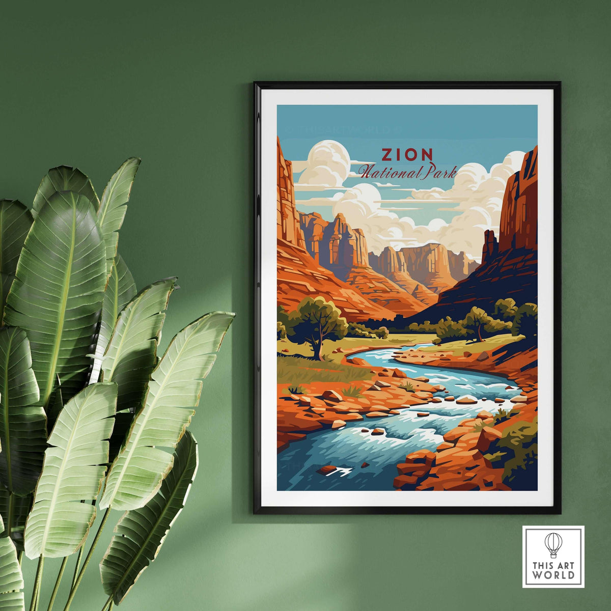 Zion NP Majestic Red Rock Cliffs Print | Utah National Park Wall Art showcased against a green wall with plants.