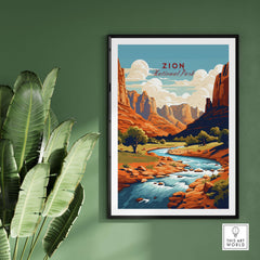 Zion NP Majestic Red Rock Cliffs Print | Utah National Park Wall Art showcased against a green wall with plants.