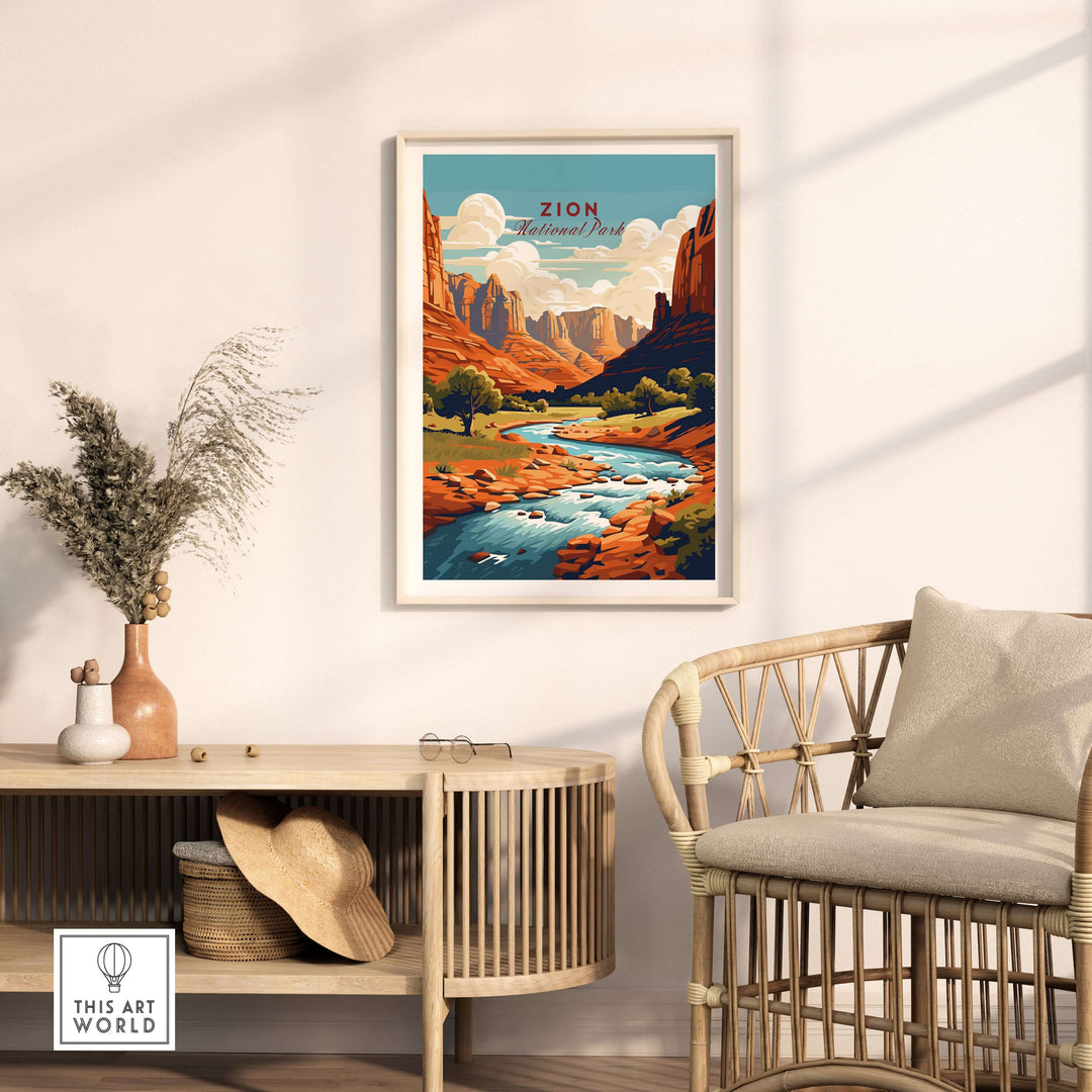 Zion NP Majestic Red Rock Cliffs Print | Utah National Park Wall Art displayed in a cozy interior setting with a river.