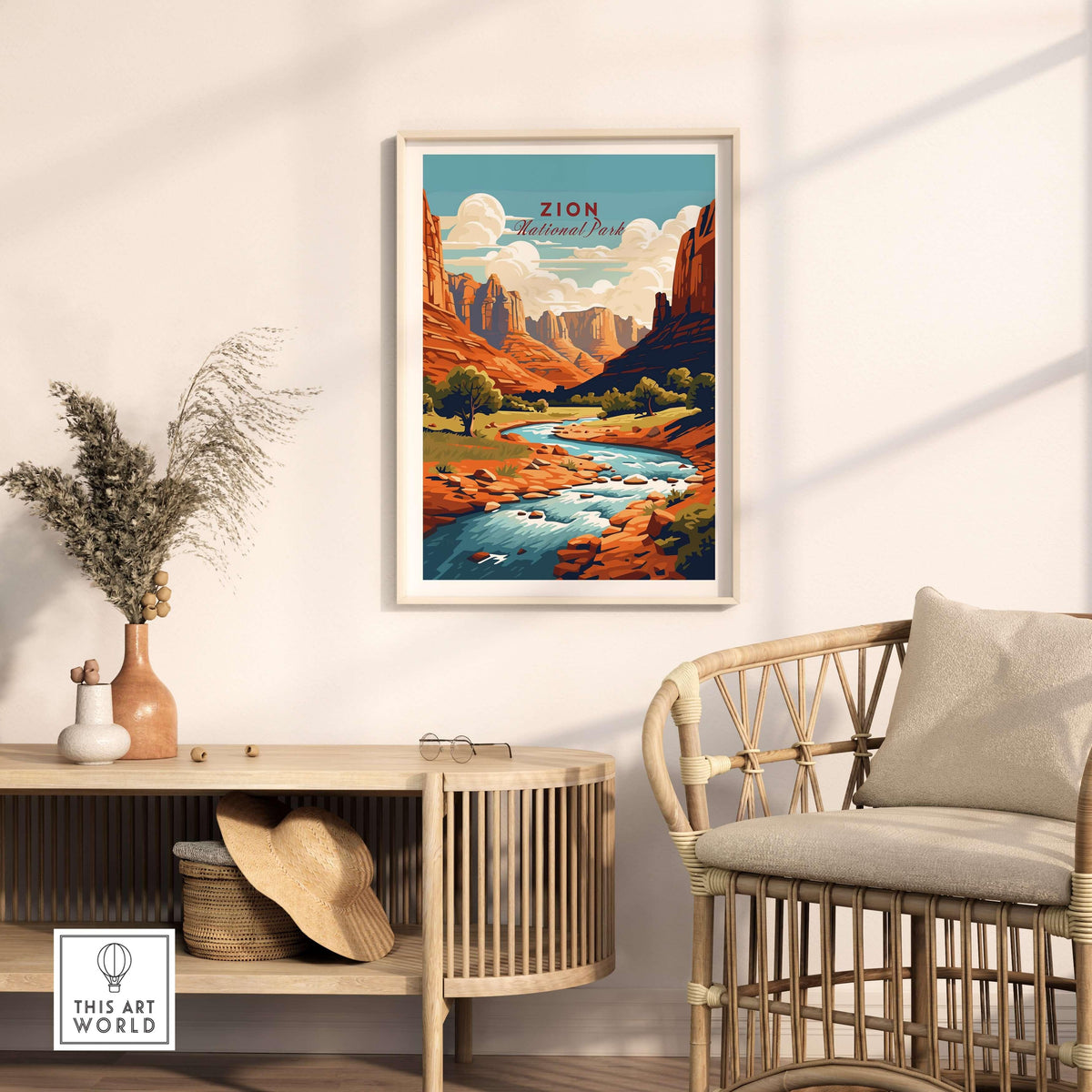 Zion NP Majestic Red Rock Cliffs Print | Utah National Park Wall Art displayed in a modern living room.