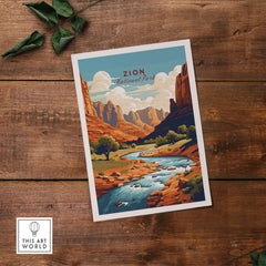 Zion NP Majestic Red Rock Cliffs Print | Utah National Park Wall Art showcasing vibrant rock formations and a river scene.