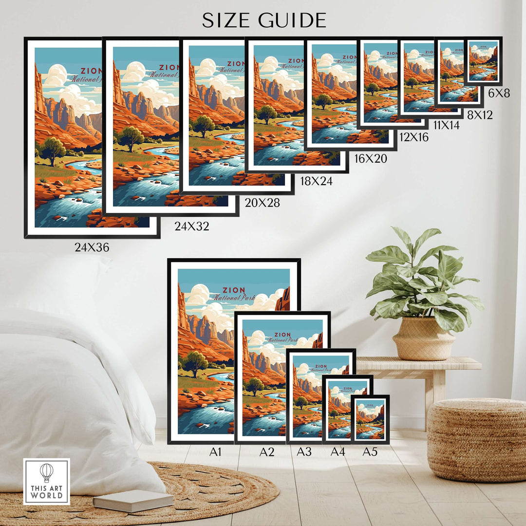 Zion NP Majestic Red Rock Cliffs Print | Utah National Park Wall Art size guide showing various print sizes.