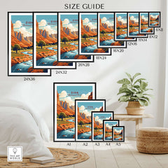 Zion NP Majestic Red Rock Cliffs Print | Utah National Park Wall Art size guide featuring various frame sizes