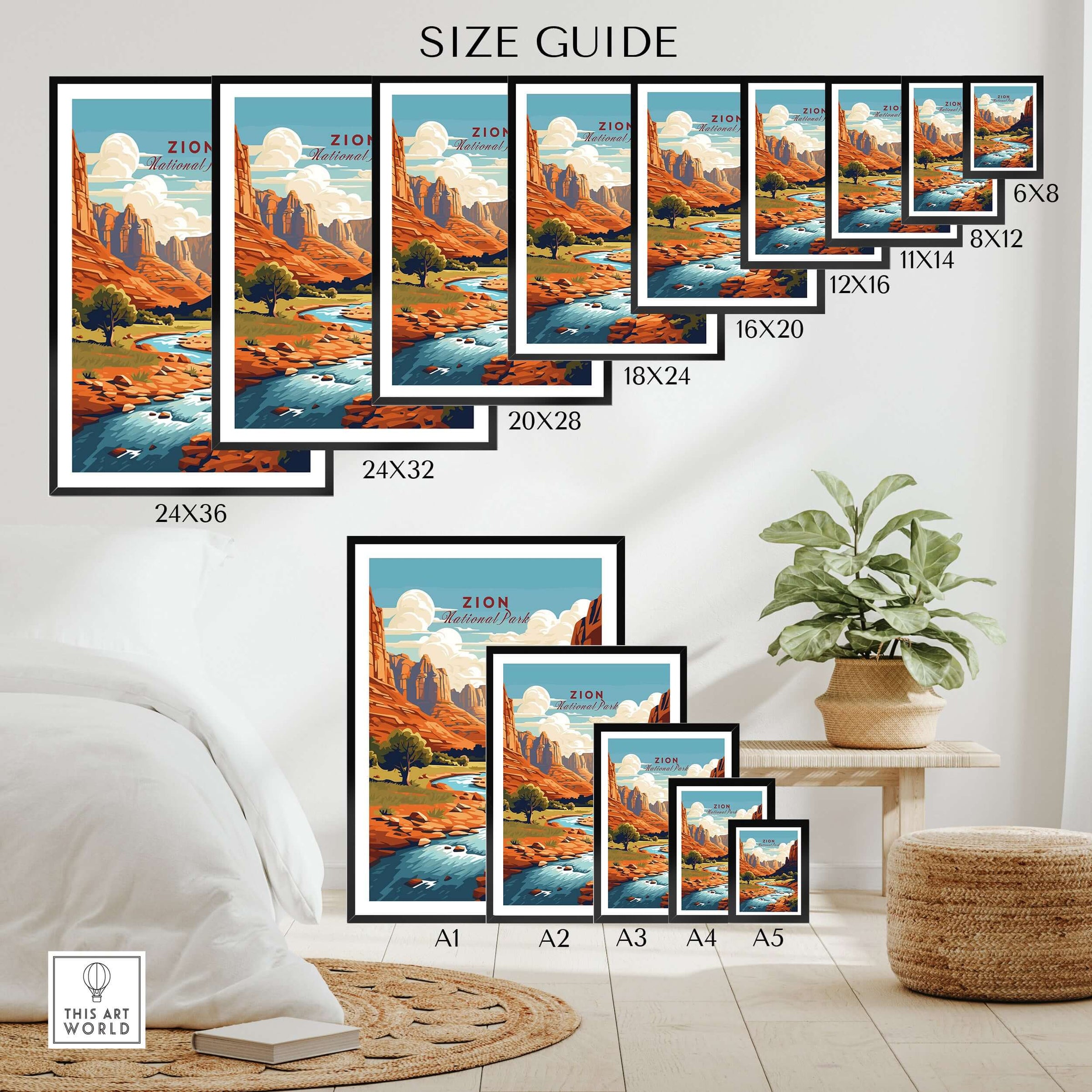Zion NP Majestic Red Rock Cliffs Print | Utah National Park Wall Art size guide featuring various frame sizes