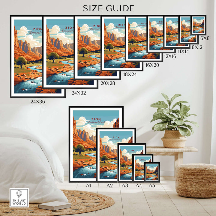 Zion NP Majestic Red Rock Cliffs Print | Utah National Park Wall Art size guide showing various print sizes.