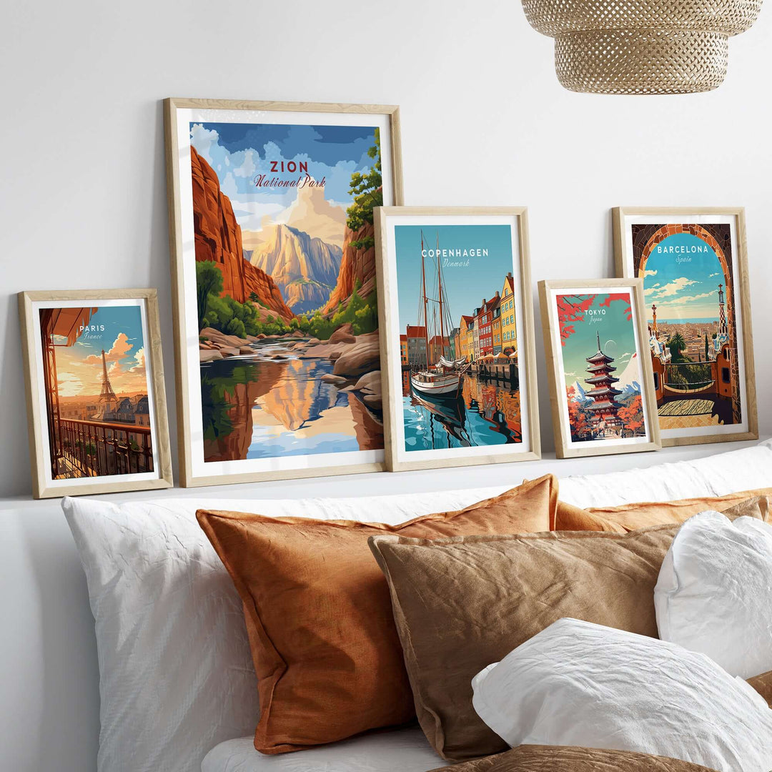 Zion NP The Narrows View Print | Utah Hiking Wall Decor displayed in a stylish home interior with other travel prints.