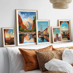 Zion NP The Narrows View Print | Utah Hiking Wall Decor displayed in a cozy home setting with other travel prints.