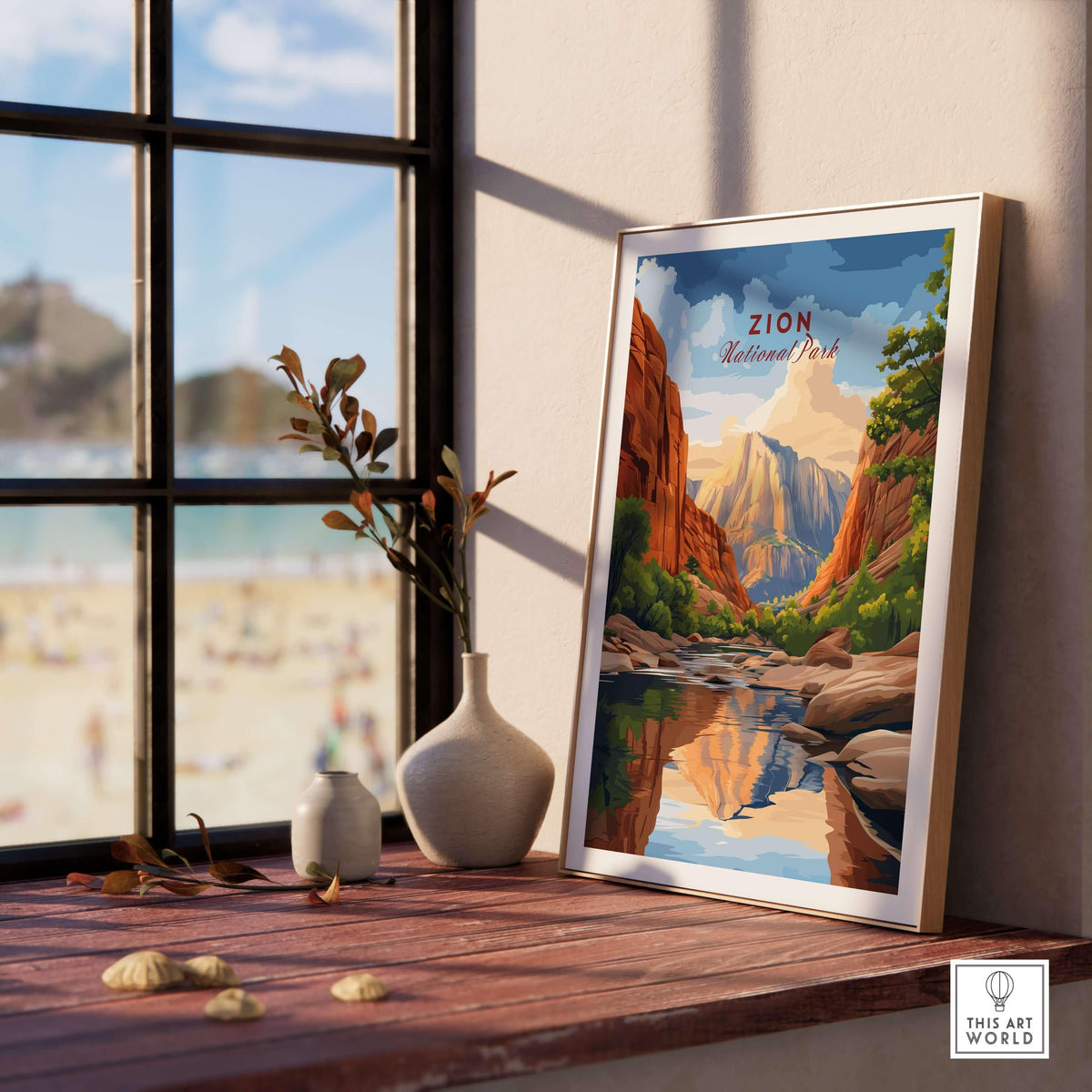 Zion NP The Narrows View Print | Utah Hiking Wall Decor displayed by a window with a beautiful canyon landscape.