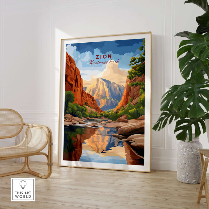 Zion NP The Narrows View Print | Utah Hiking Wall Decor in a stylish interior setting, showcasing canyon walls and reflections.