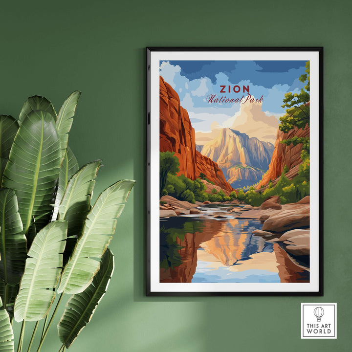 Zion NP The Narrows View Print | Utah Hiking Wall Decor framed on wall with green background and plants.