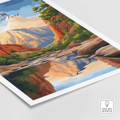 Zion NP The Narrows View Print | Utah Hiking Wall Decor showcasing dramatic canyon walls and reflections in water.