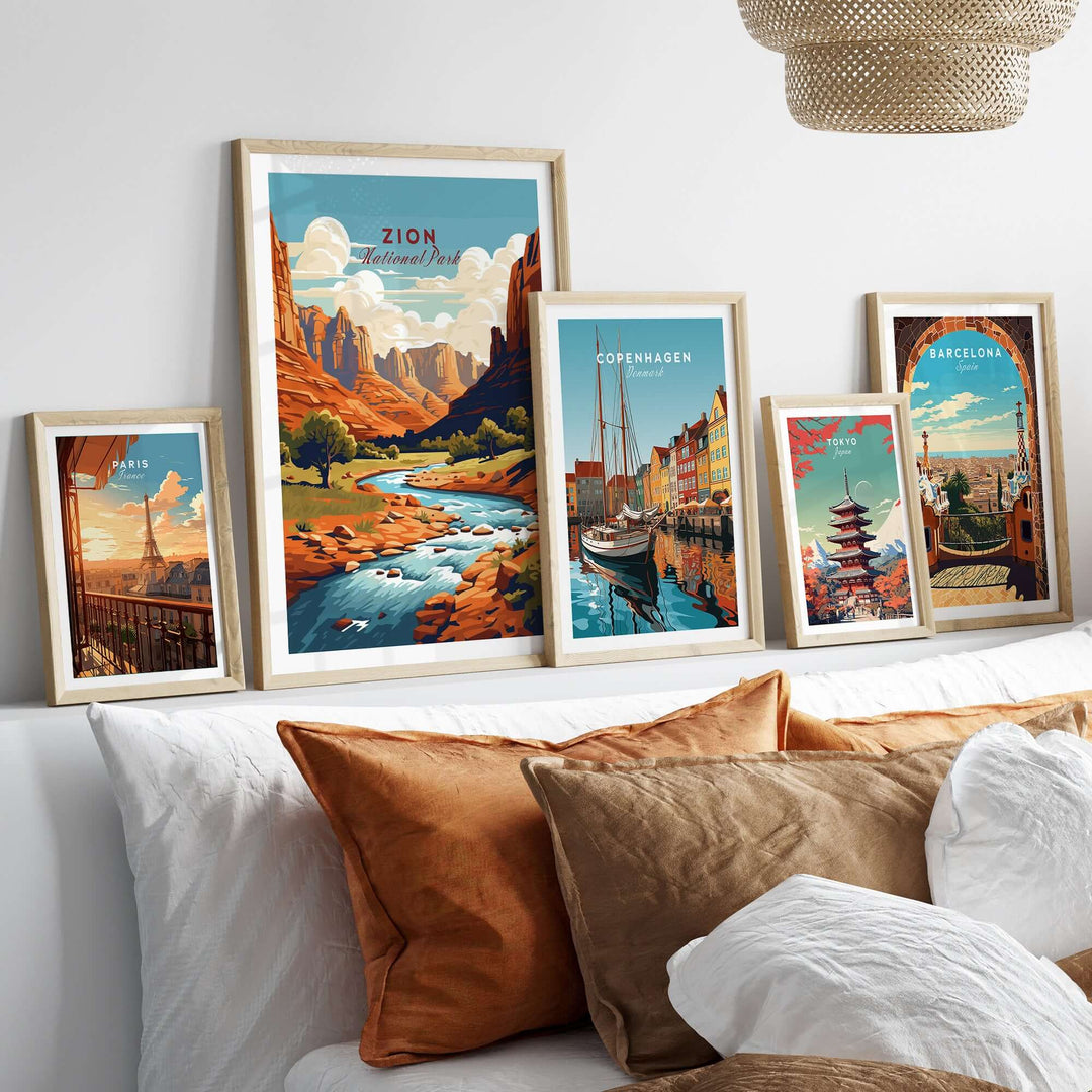 Zion NP Majestic Red Rock Cliffs Print | Utah National Park Wall Art displayed among other travel art prints.
