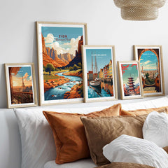 Zion NP Majestic Red Rock Cliffs Print | Utah National Park Wall Art displayed in a cozy home setting with framed prints.