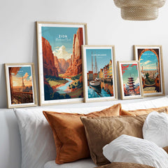 Zion NP Print | Southwest Home Wall Decor displayed among other travel art prints on a stylish bed.