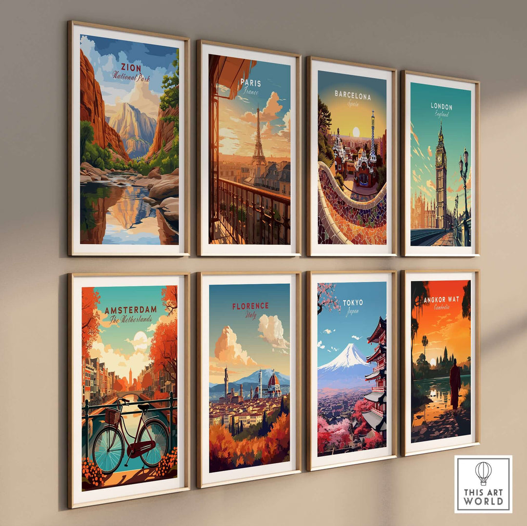 Zion NP The Narrows View Print | Utah Hiking Wall Decor displayed in a gallery wall with global city prints.