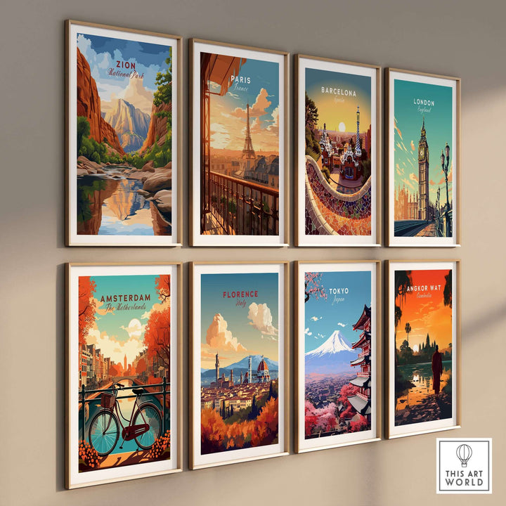 Zion NP The Narrows View Print | Utah Hiking Wall Decor displayed in a gallery wall with global city prints.