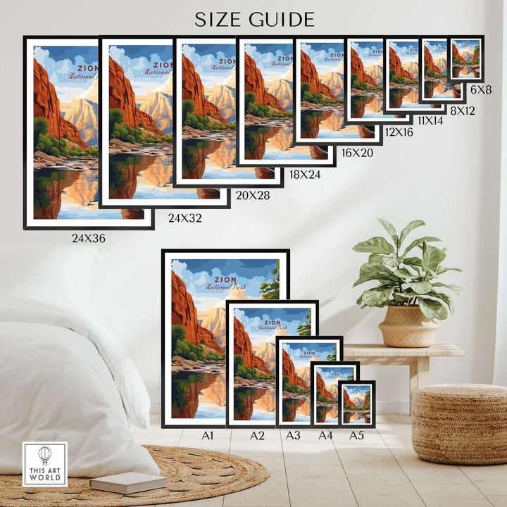Zion NP The Narrows View Print | Utah Hiking Wall Decor size guide with various frame options displayed.