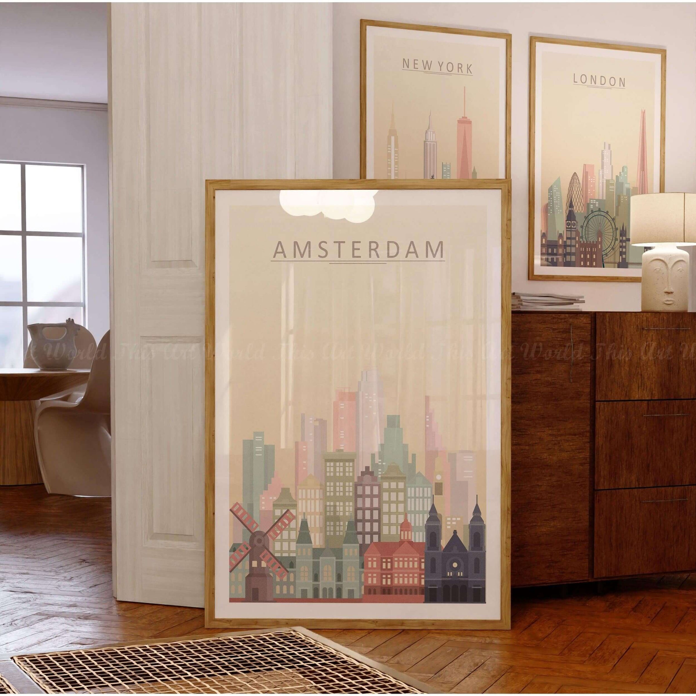 Amsterdam skyline print showcasing iconic buildings, windmills, and canal houses in pastel tones, perfect for wall art.