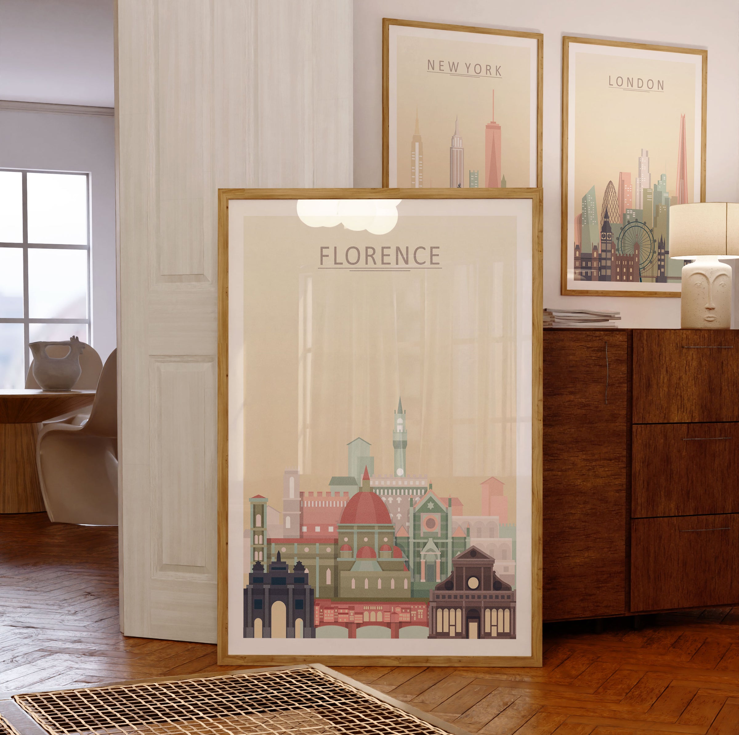 Florence Skyline Print showcasing iconic architecture in warm pastel tones for stylish home decor.
