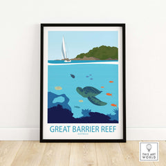 Great Barrier Reef poster featuring a turtle and sailing boat, in a minimalist vintage style for home decor.