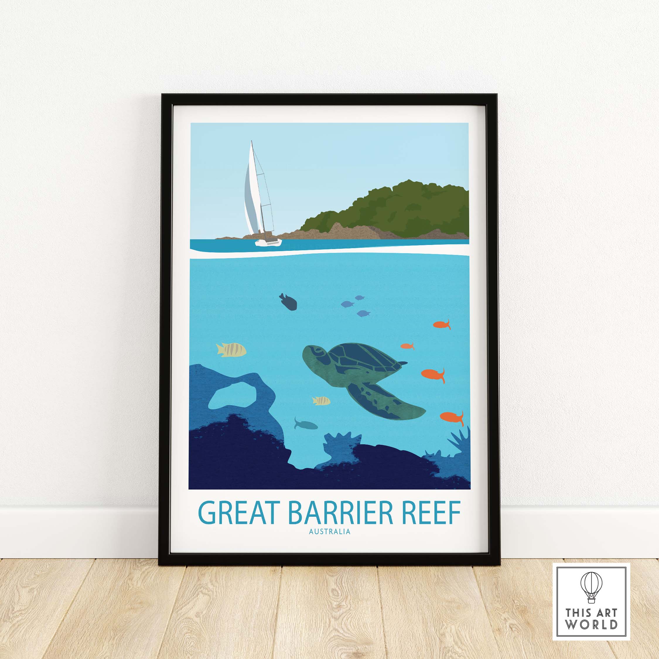 Great Barrier Reef poster featuring a turtle and sailing boat, in a minimalist vintage style for home decor.
