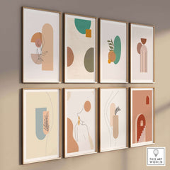 Contemporary abstract wall art prints featuring geometric shapes and organic forms in earthy tones.