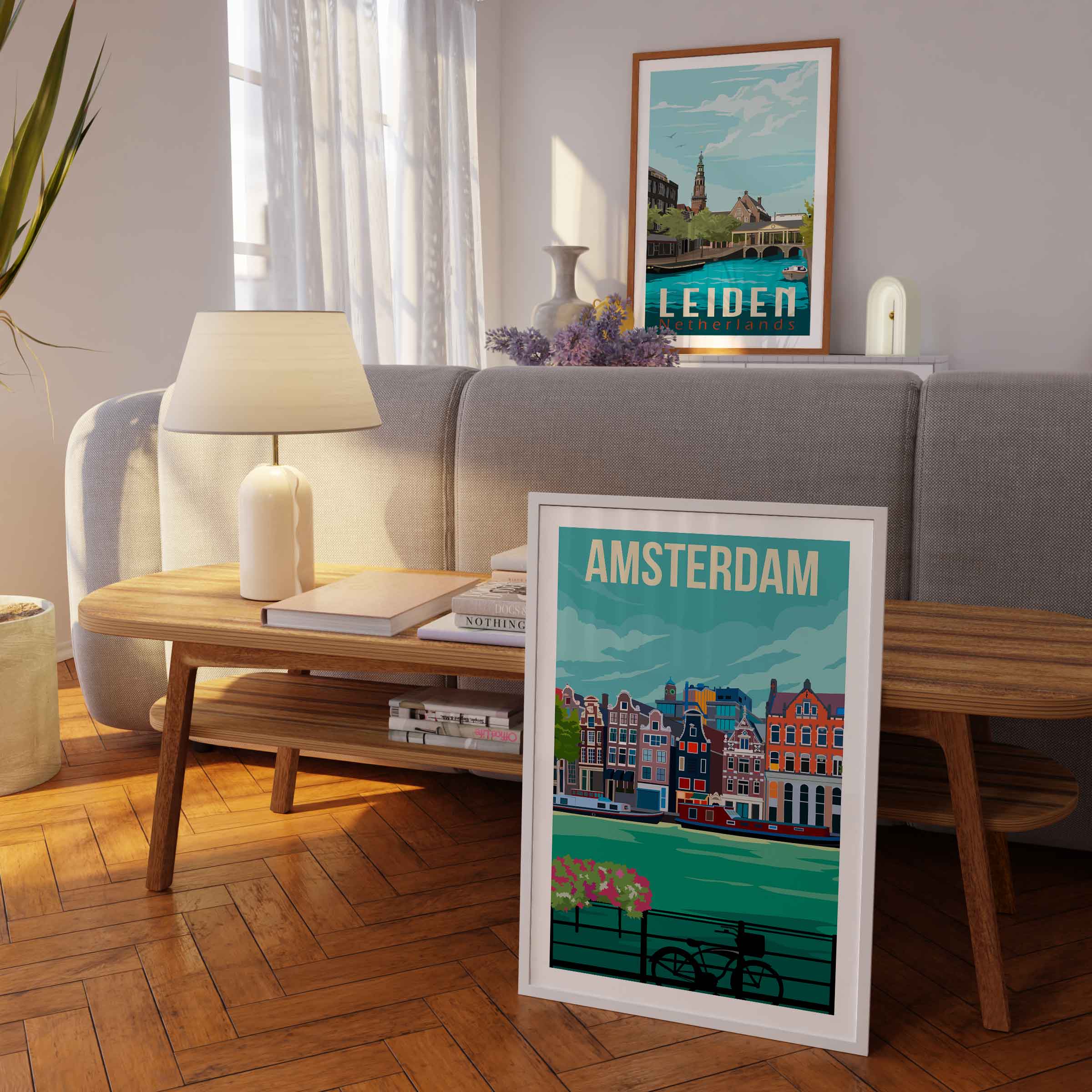 Amsterdam Print Poster Wall Art displayed in a cozy living room with Dutch Canal Houses design.