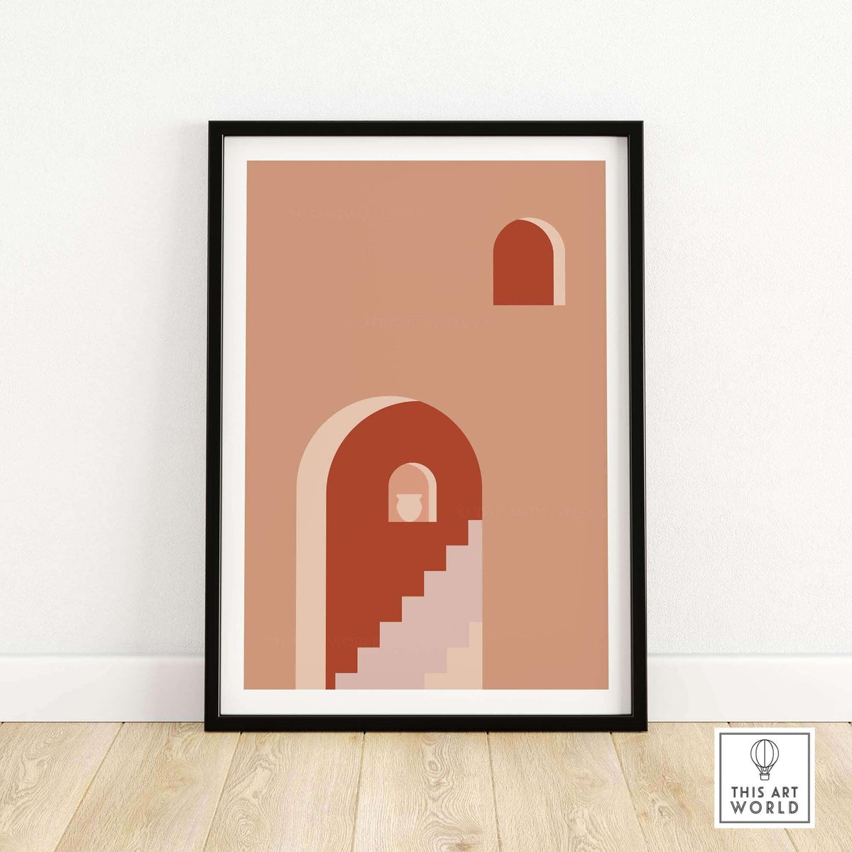 Framed abstract mid-century print featuring geometric arches and stairs in earthy tones, perfect for modern home decor.