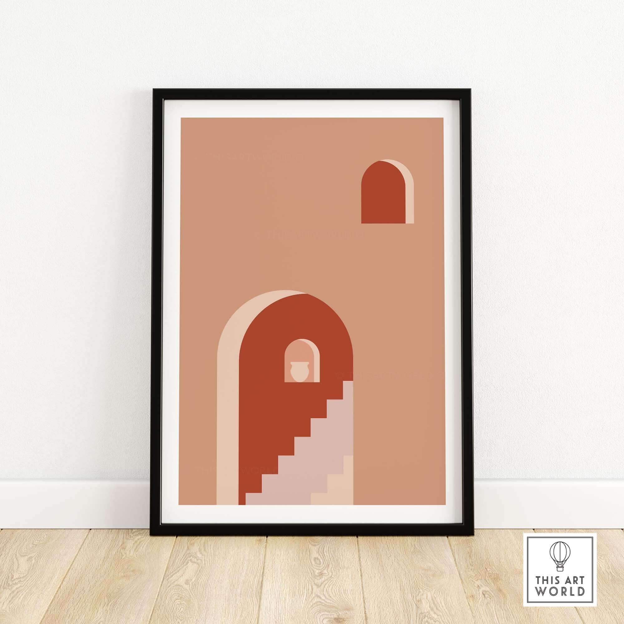 Framed abstract mid-century print featuring geometric arches and stairs in earthy tones, perfect for modern home decor.