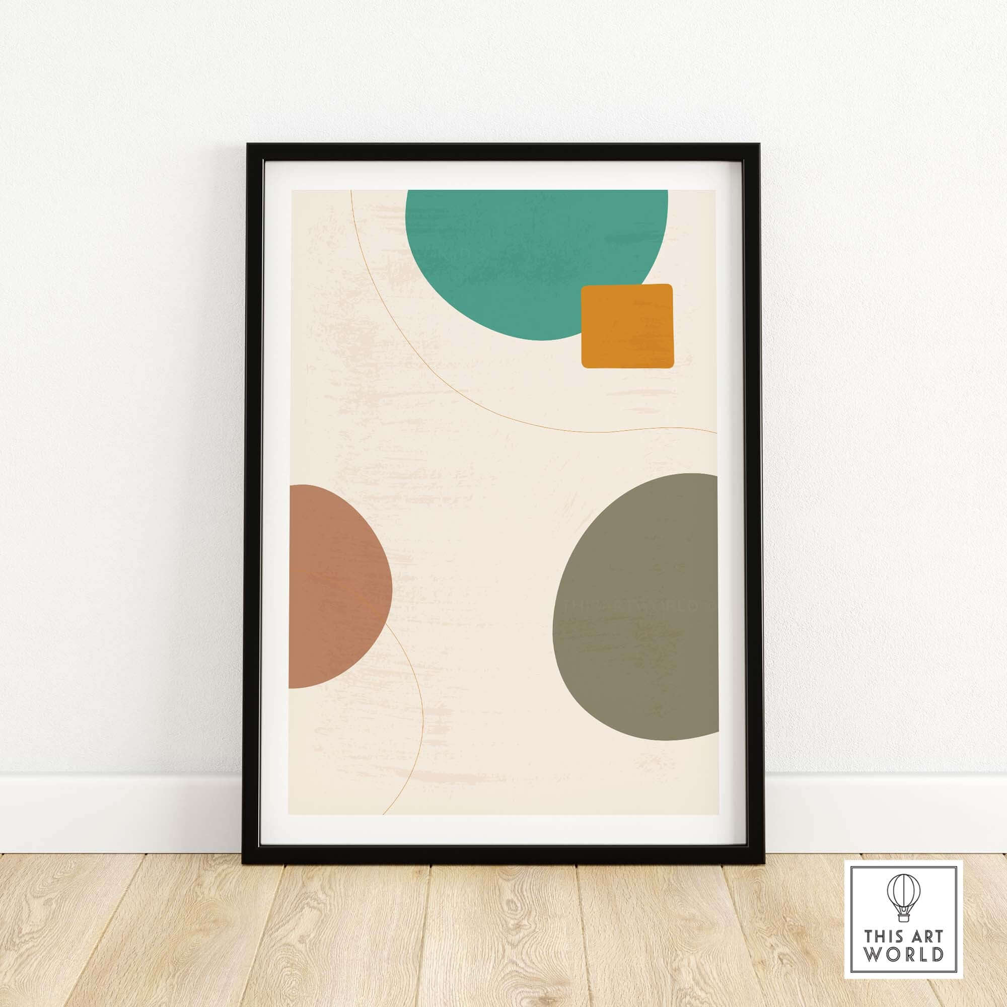 Abstract digital print featuring geometric shapes in earthy colors, framed in a modern design, perfect for wall decor.