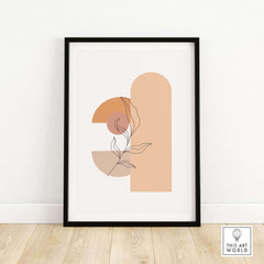 Mid Century Print featuring abstract shapes and botanical design in a modern frame, ideal for stylish home decor.