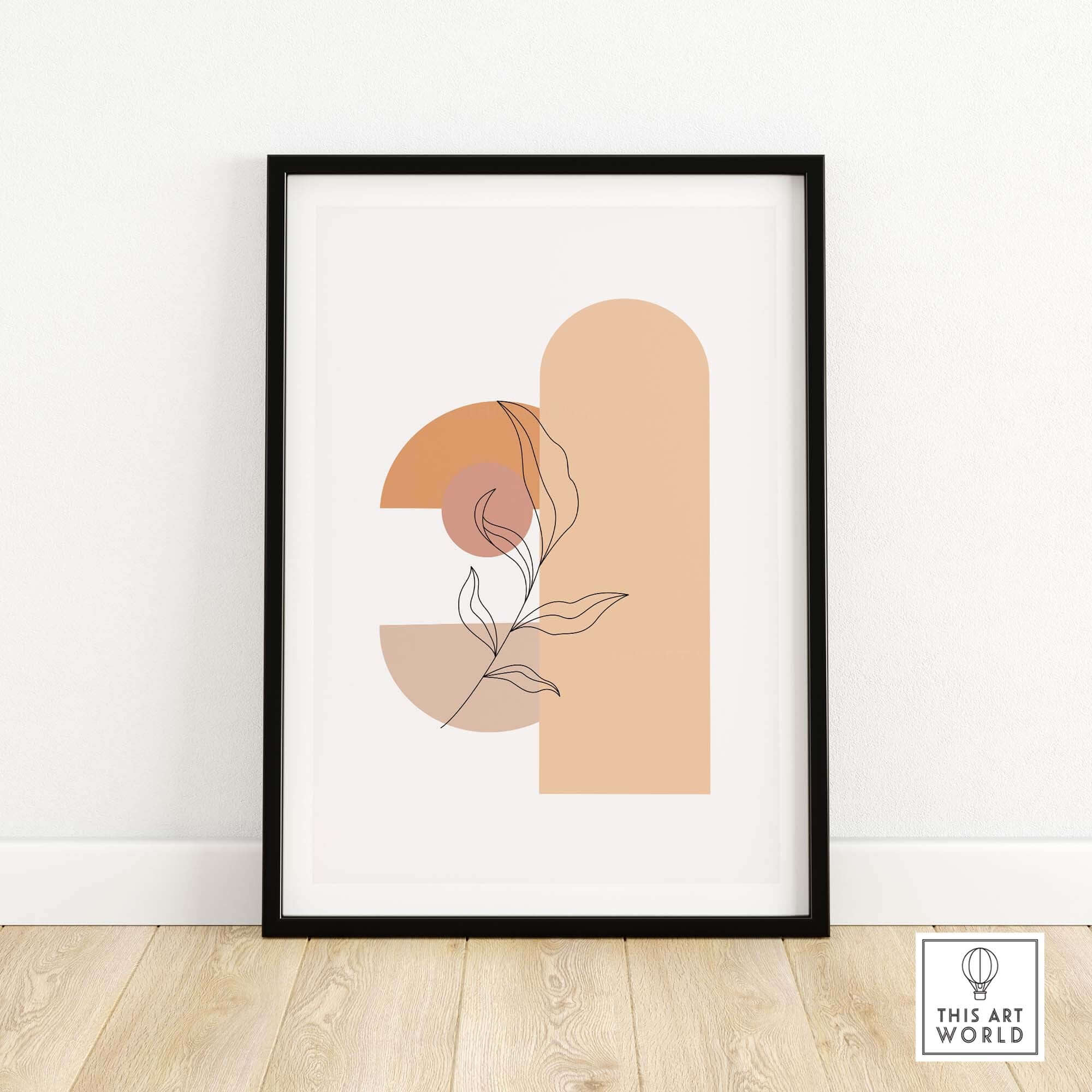 Mid Century Print featuring abstract shapes and botanical design in a modern frame, ideal for stylish home decor.