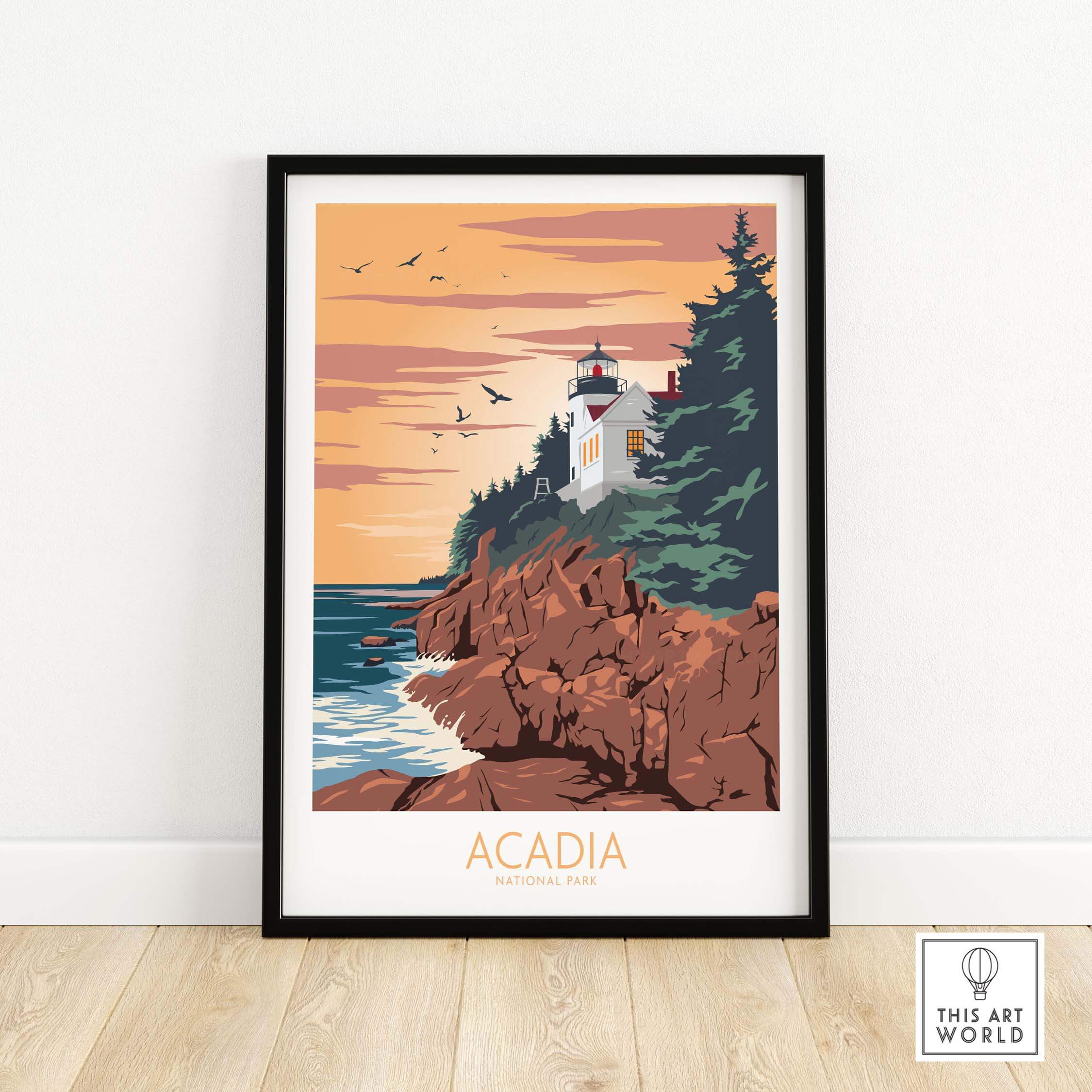 Acadia National Park poster print artwork featuring a scenic lighthouse and ocean view, perfect for home decor.