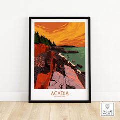 Framed Acadia National Park wall art poster showcasing vibrant colors of the coast and sunset.