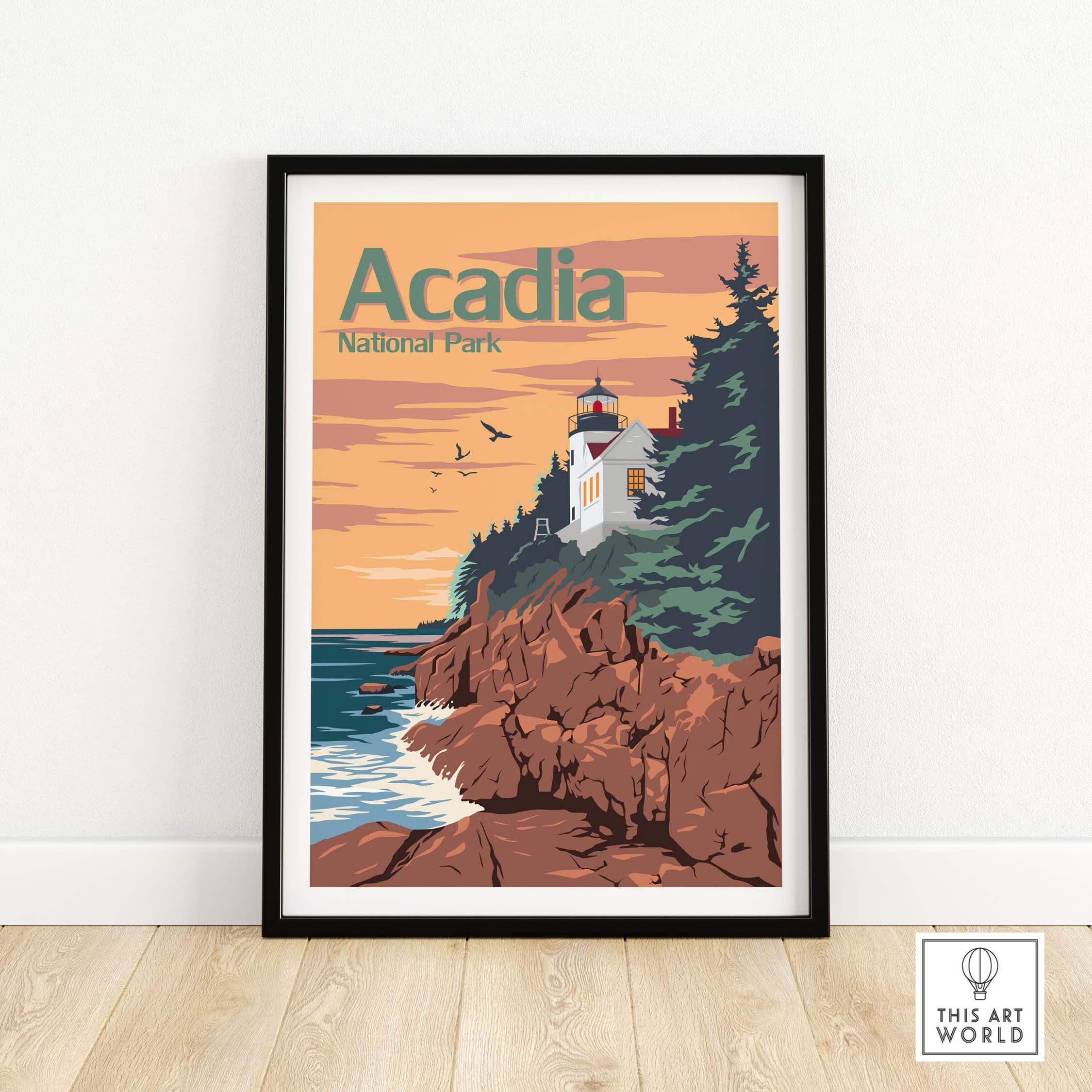Acadia National Park vintage poster featuring a lighthouse, ocean and rocky coastline, perfect for home or office decor.