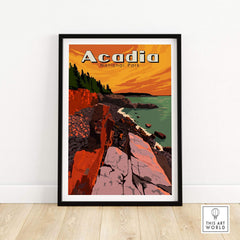 Framed Acadia National Park vintage print showcasing coastal cliffs and vibrant sunset colors.