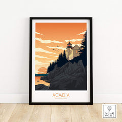 Acadia National Park poster art print featuring a lighthouse and sunset over rocky coastline.