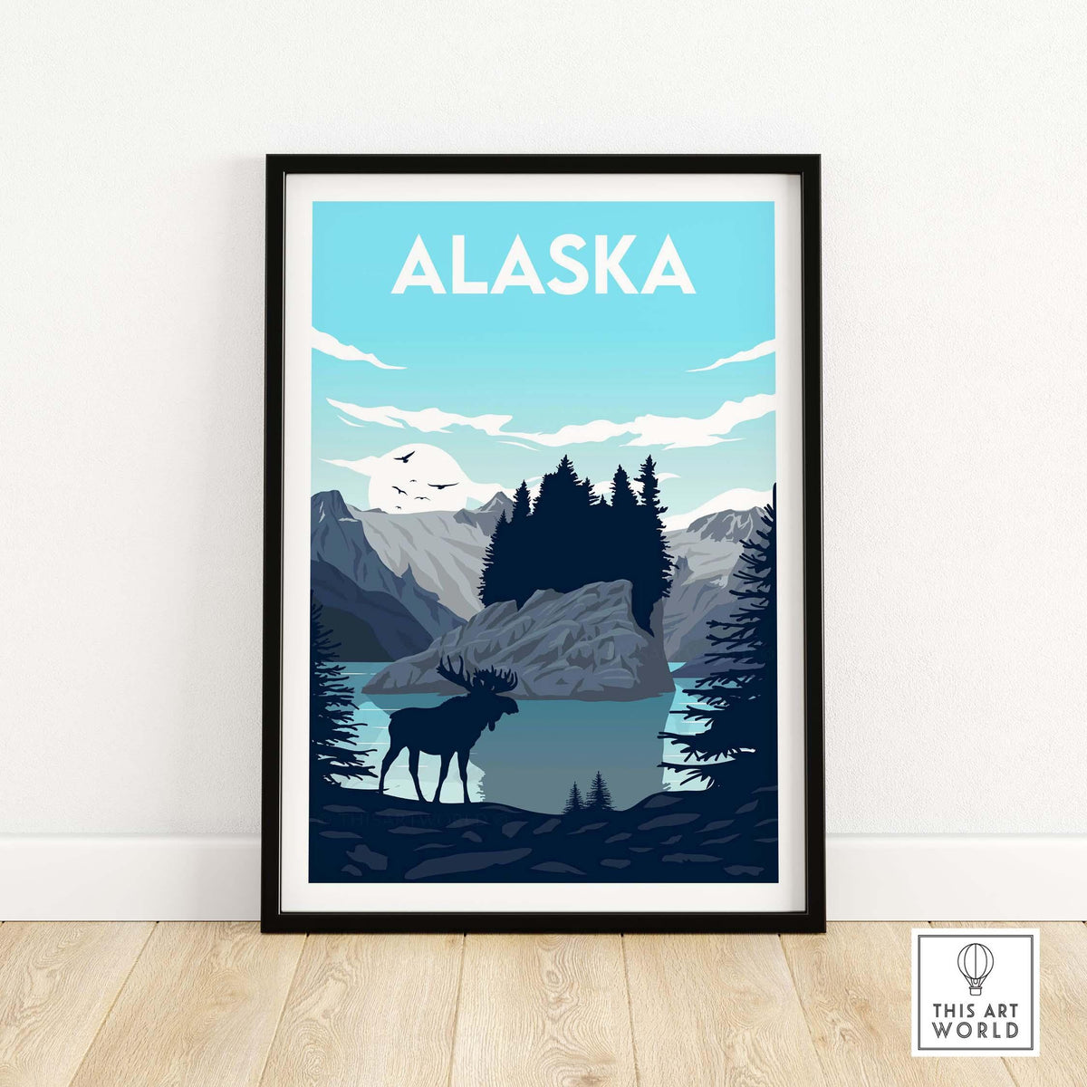 Alaska wall art print featuring a moose, mountains, and vibrant colors showcasing the beauty of Alaska.