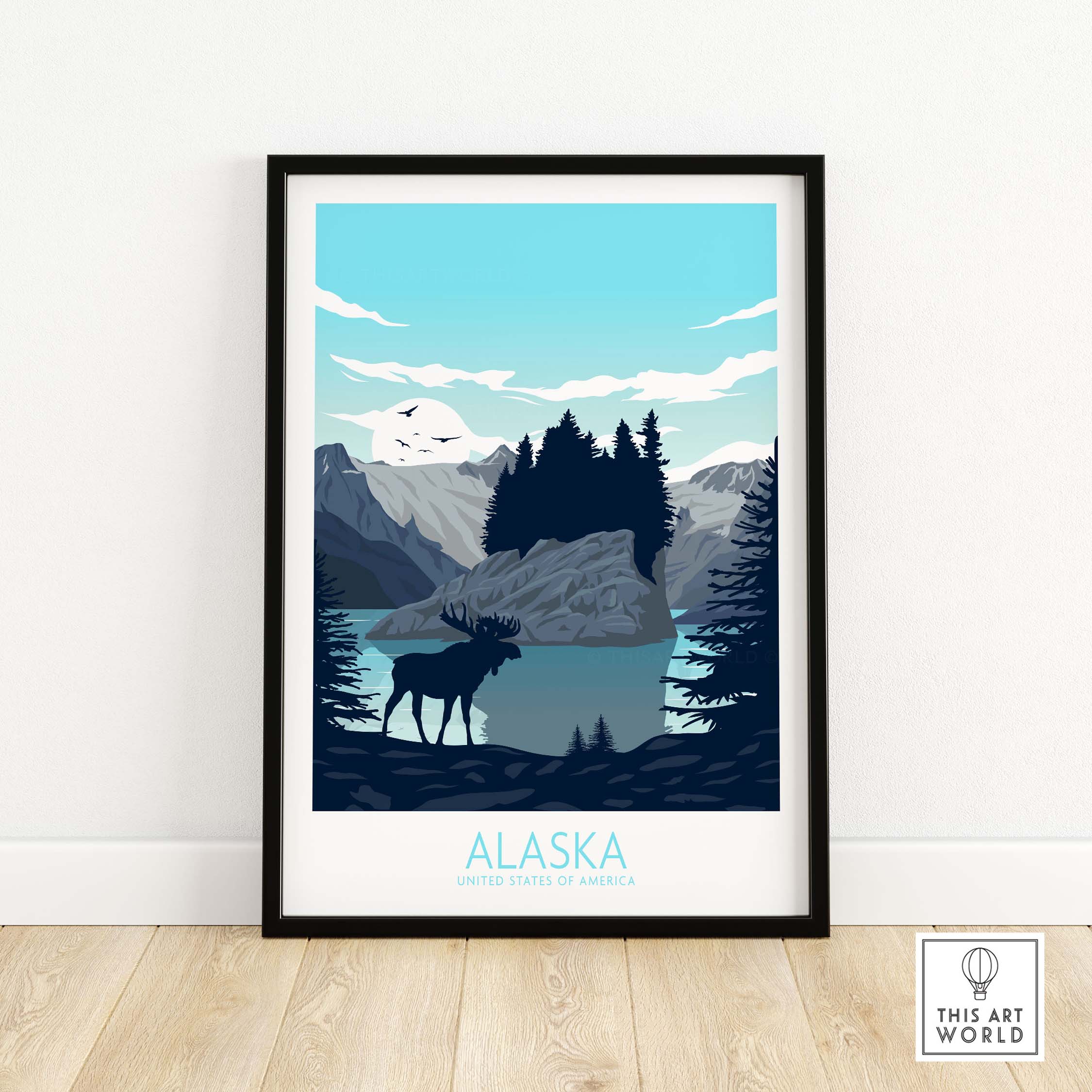Framed Alaska travel poster featuring a moose silhouette against a serene lake and mountains, perfect for home decor.