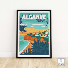 Framed Algarve poster showcasing stunning coastal scenery and vibrant colors, perfect for home decor.
